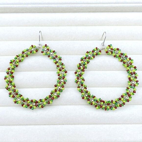 Silver Wire Wrapped Multicolored Beaded Round Wreath Dangling Hook Earrings - Picture 3 of 9
